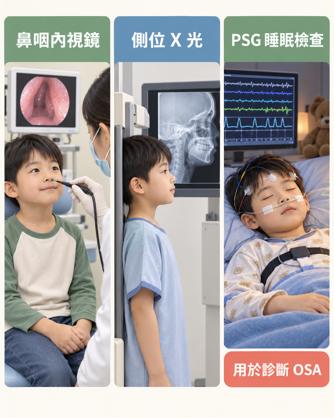 腺樣體肥大檢查比較圖,包括鼻咽內視鏡、側位X光與用於診斷阻塞性睡眠呼吸中止症的PSG睡眠檢查
