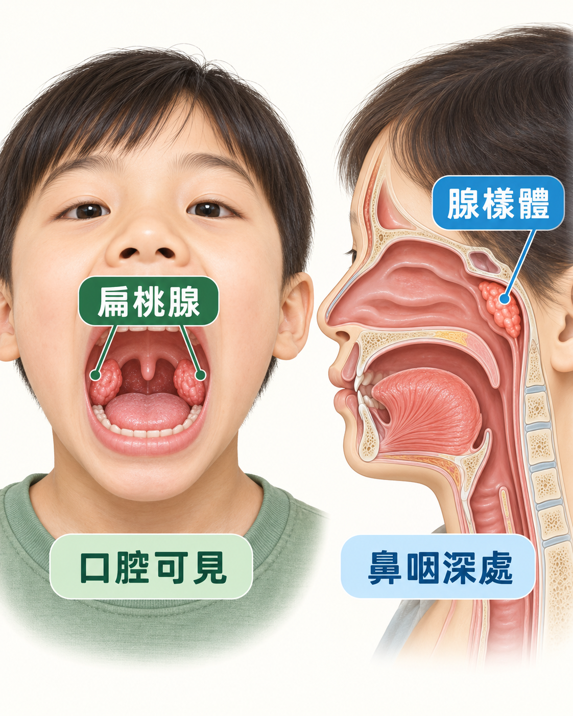 兒童張口可見咽喉兩側扁桃腺,側面剖面顯示腺樣體位於鼻咽深處的比較圖