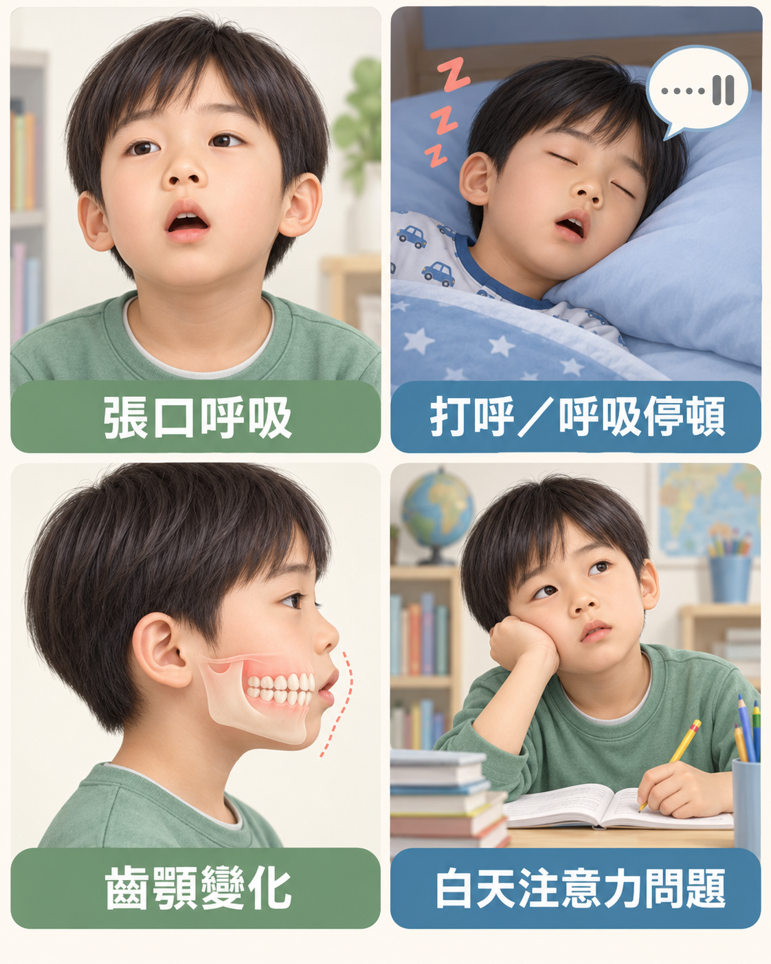 腺樣體肥大四大警訊圖卡,包括張口呼吸、打呼或呼吸停頓、齒顎變化及白天注意力問題