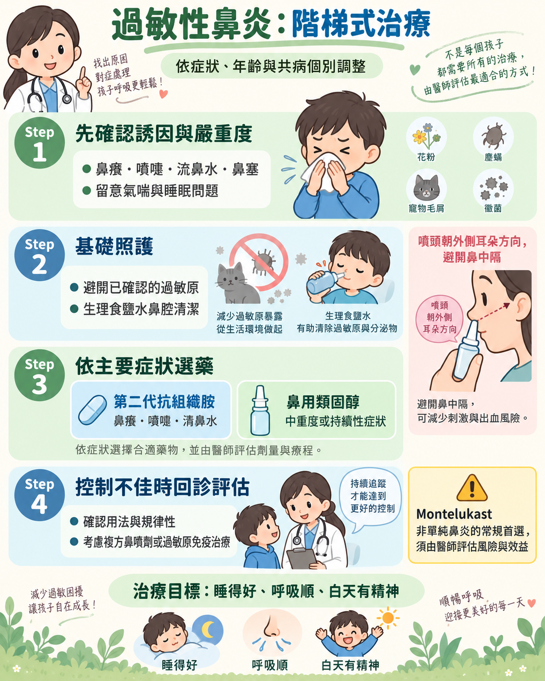 過敏性鼻炎依症狀、年齡與共病個別調整的階梯式治療圖解