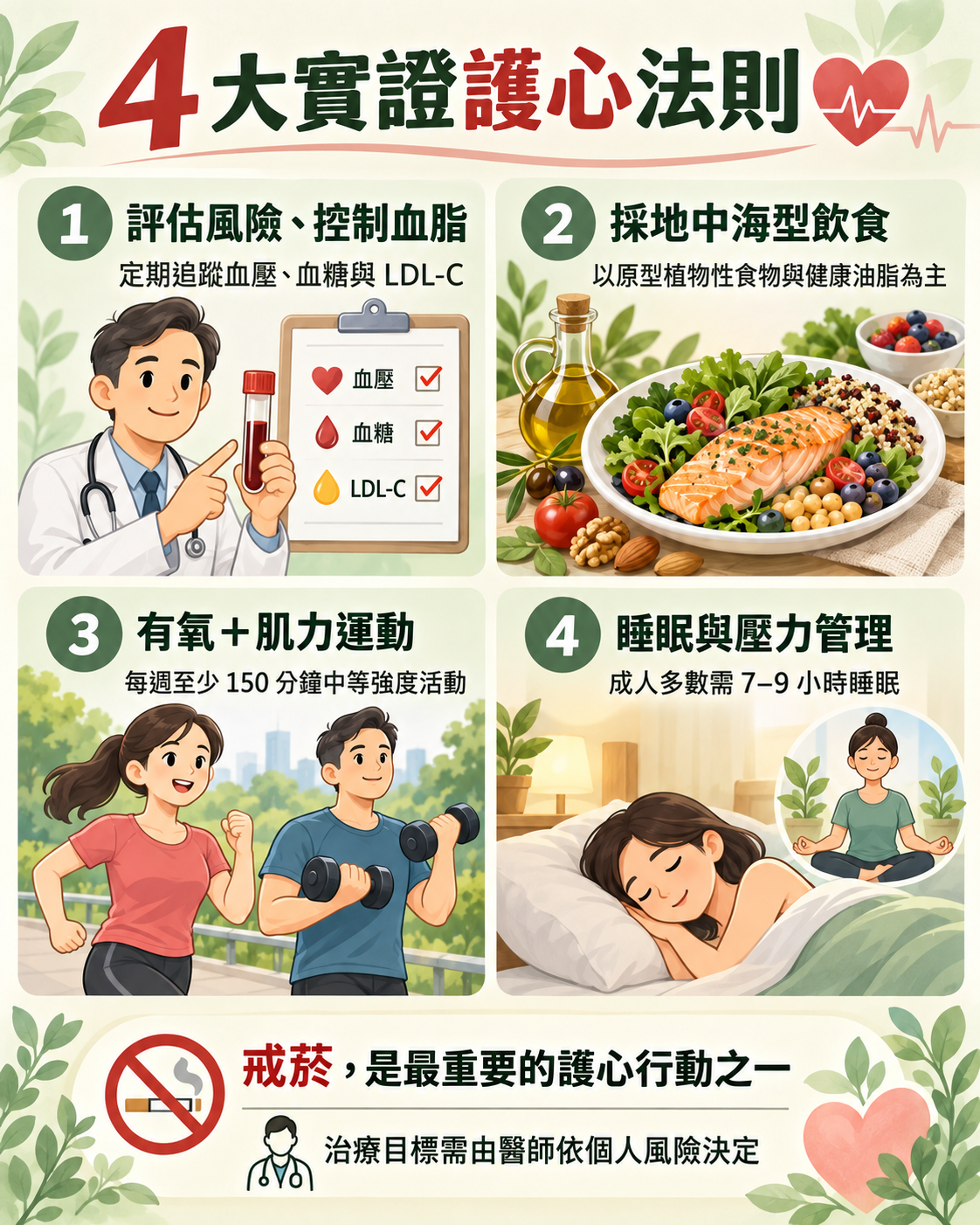 評估風險控制血脂、地中海型飲食、有氧與肌力運動、睡眠壓力管理四大護心法則