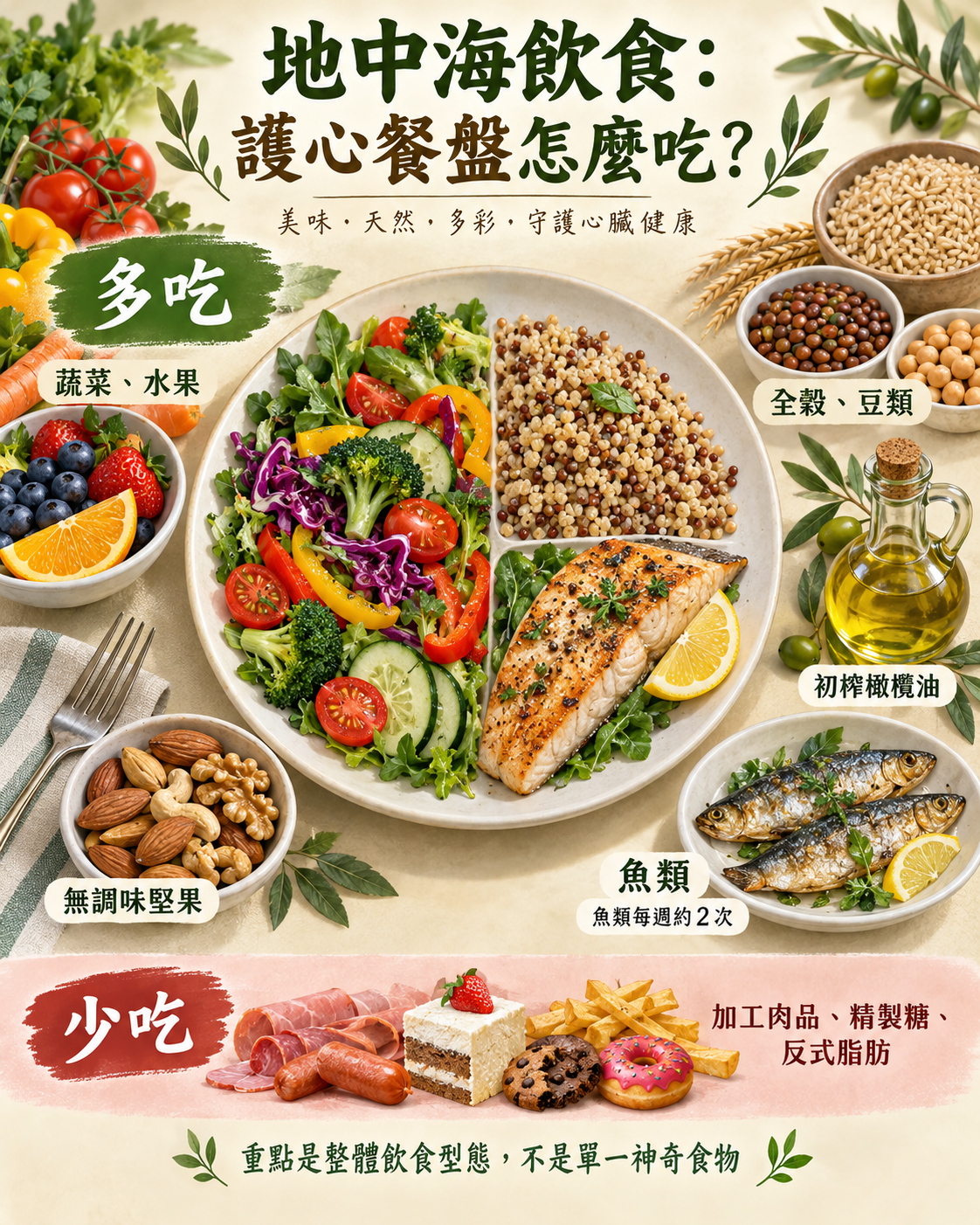 地中海飲食護心餐盤，包含蔬果、全穀豆類、魚、初榨橄欖油與無調味堅果