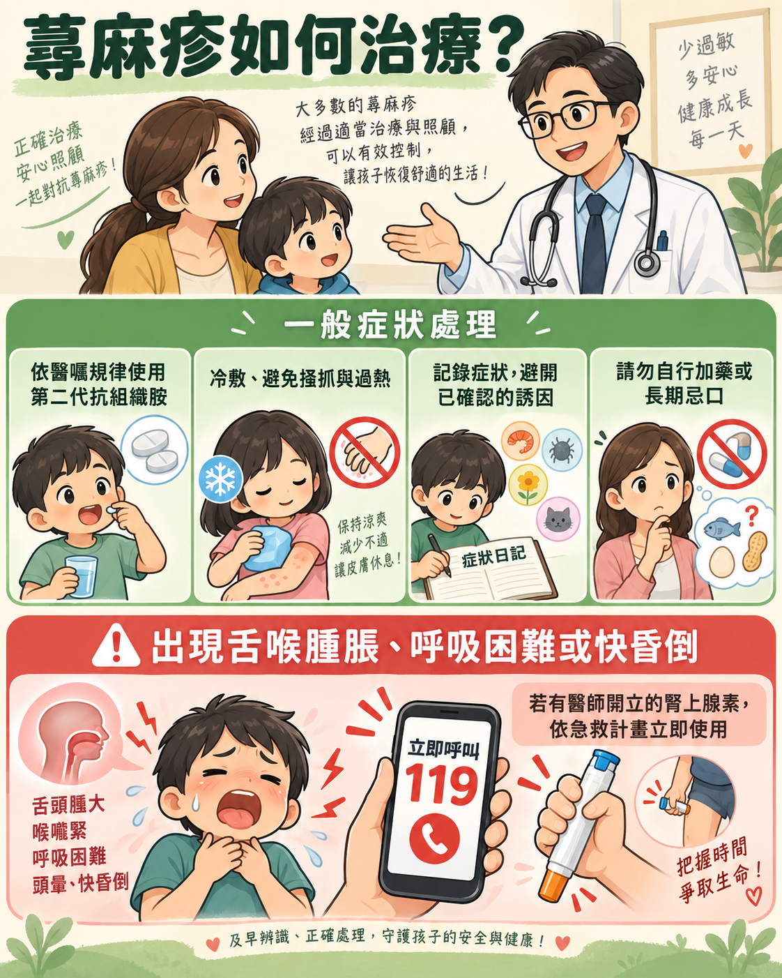 戴眼鏡的男醫師說明蕁麻疹的一般處理與需要立即呼叫119的嚴重警訊